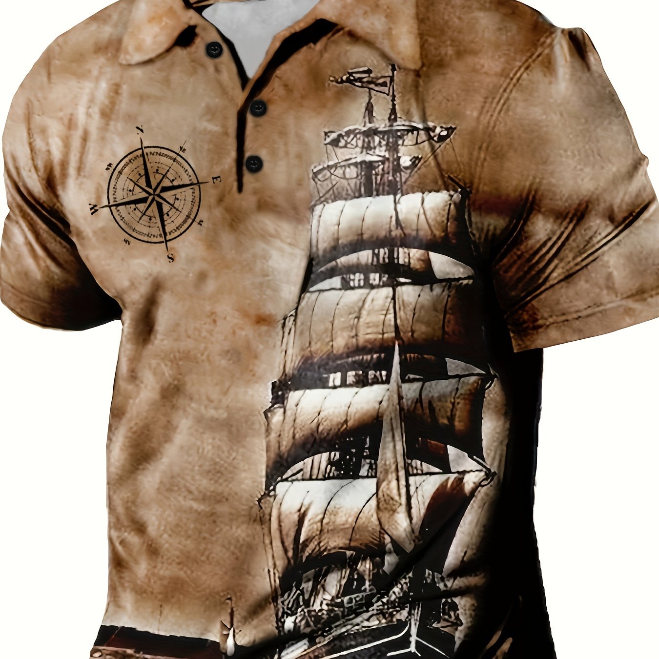 Men's Vintage Nautical Sailboat Print Shirt - Casual Button-Up, Short Sleeve, Polyester