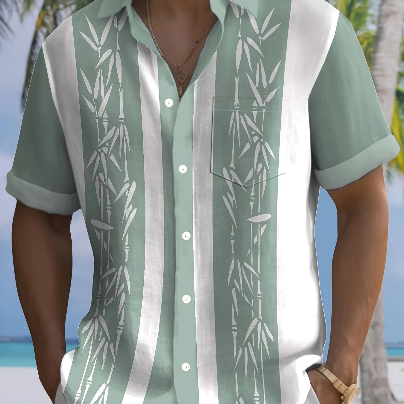 Men's Tropical Bamboo Print Button-Up Shirt with Pockets - Vintage Style,