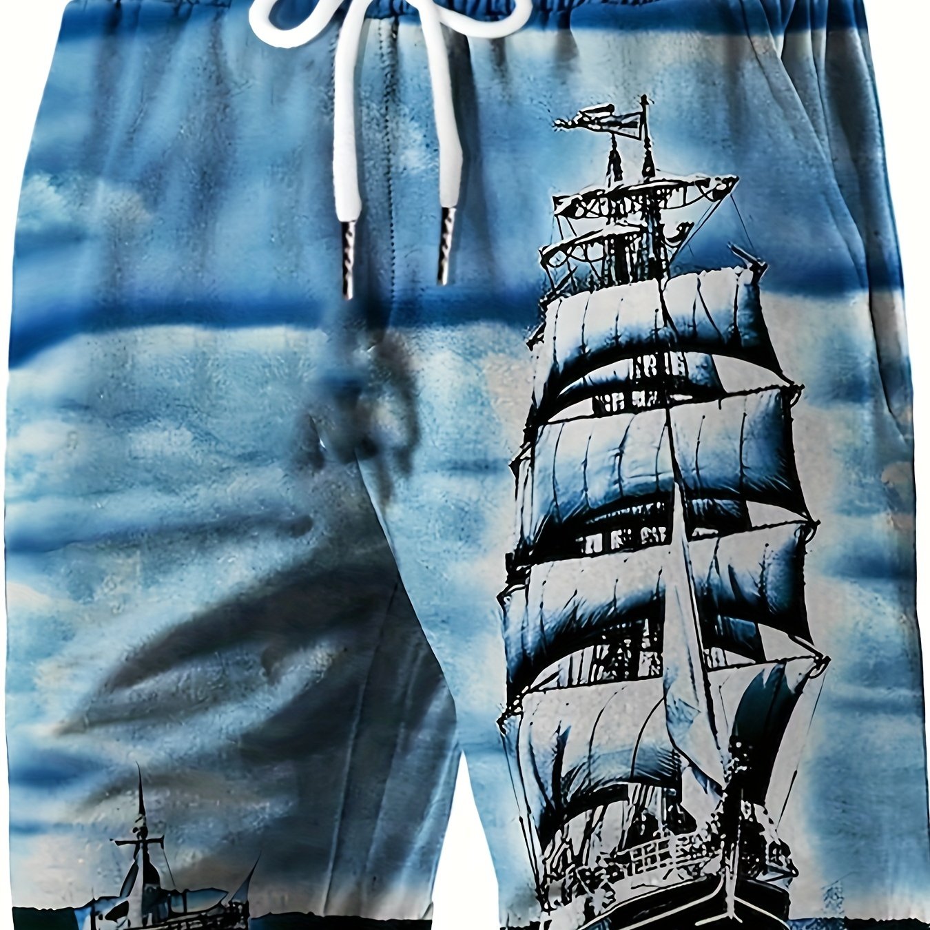 Men's Casual Beach Shorts with Vivid Digital Print of Sailing Ship -