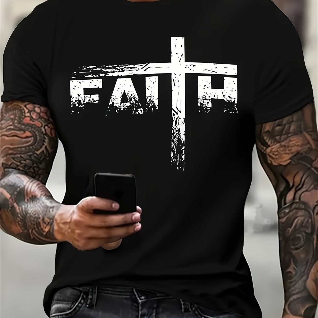 Men'S Casual Crew Neck T-Shirt with Digital Print "FAITH" Cross Design,