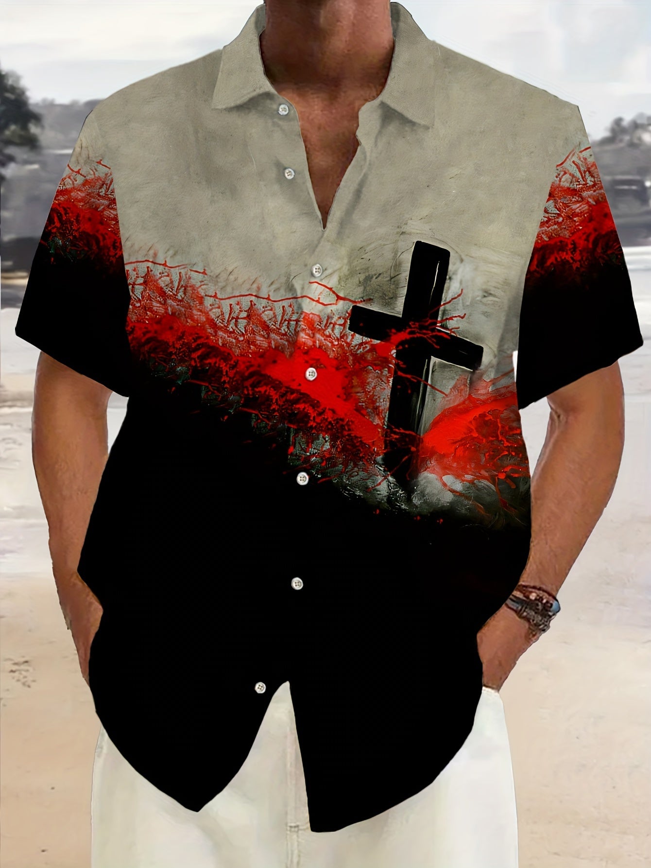 Men's Cross Graphic Color Blocking Short Sleeve Shirt For Summer, Casual Comfy Shirt As Gift