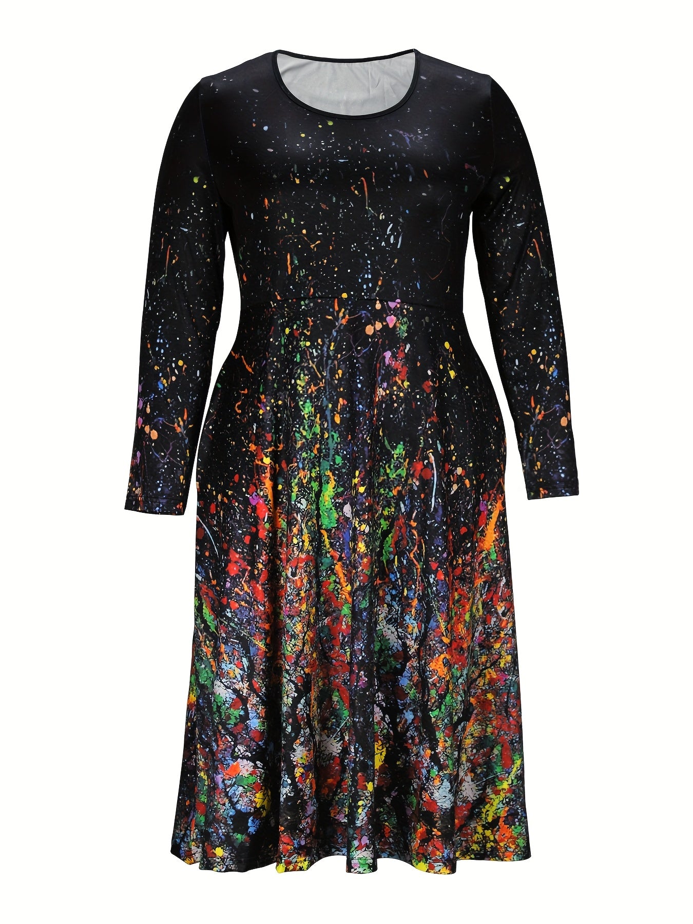 Women's Plus Size Floral Print Long Sleeve Round Neck Dress with Pockets