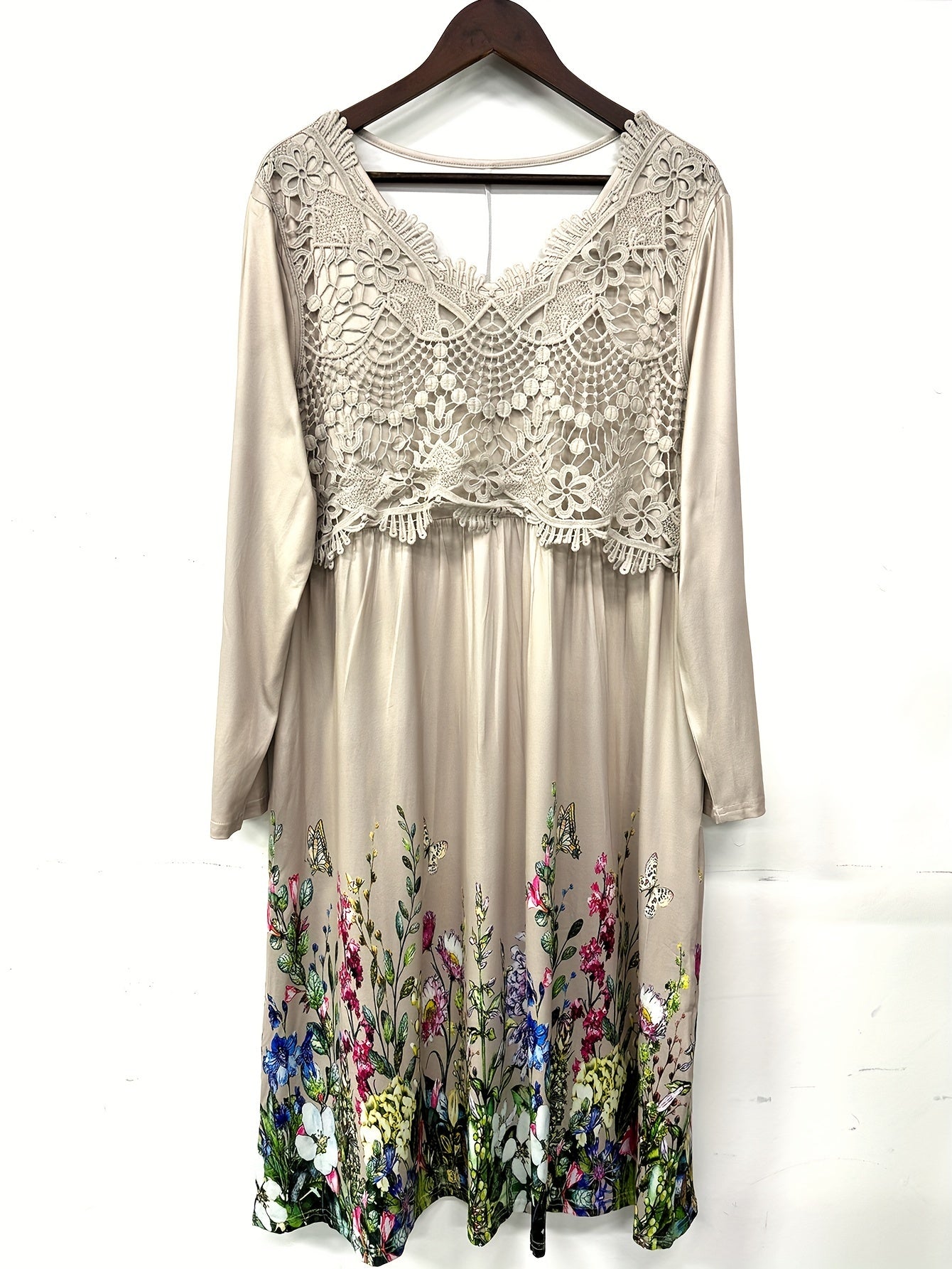 Plus Size Floral Print V Neck Dress, Casual Long Sleeve