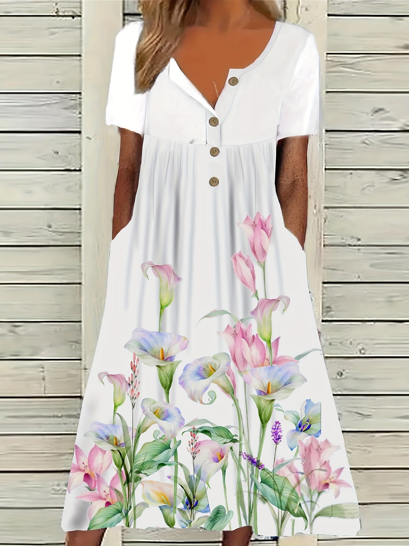 Women'S Plus Size Floral Print Tunic Dress,Vacation Style, Big-Tall Silhouette, Midi Length, Half Placket Button Detail