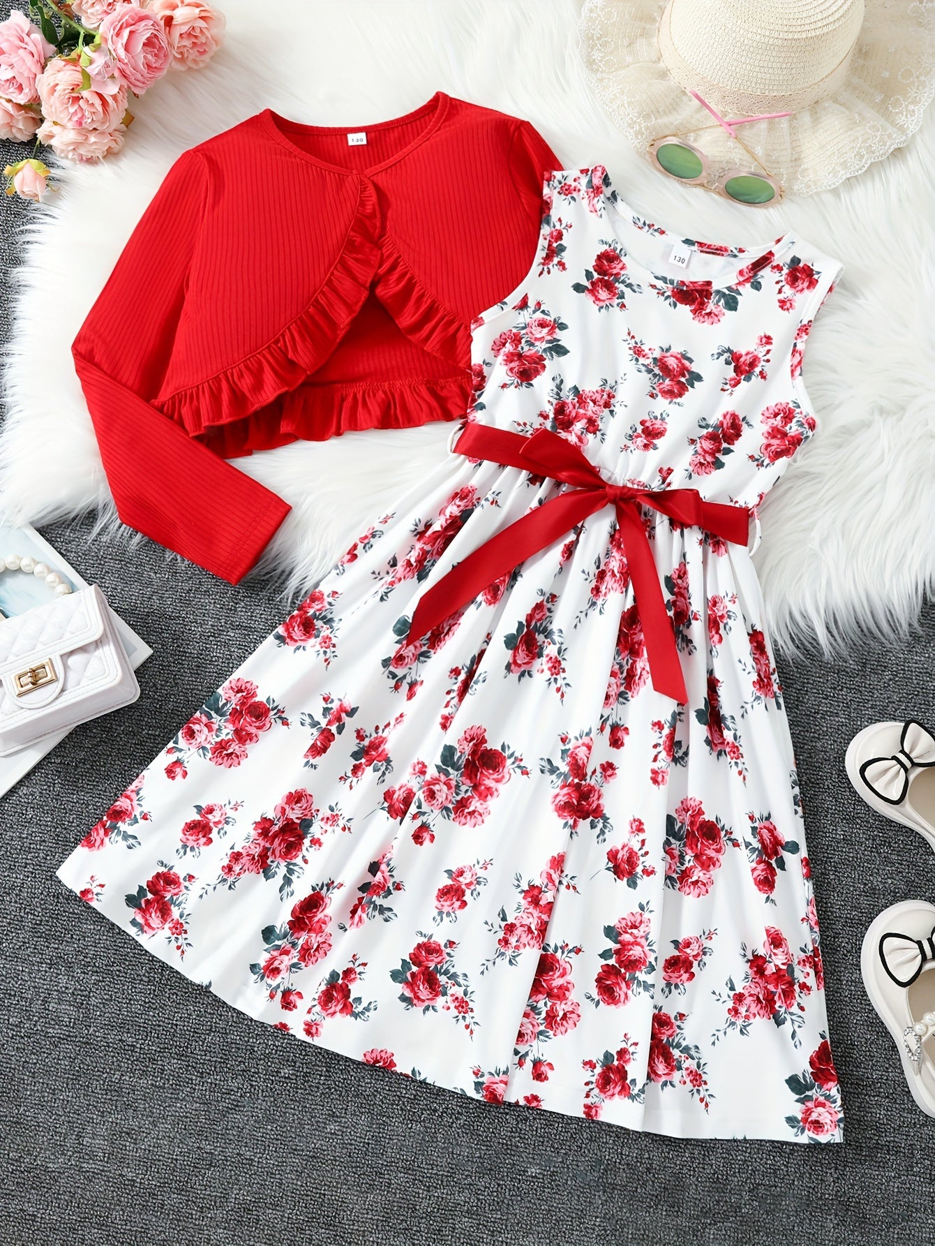Elegant Toddle Girls 2 Piece Set Ruffle Decoration Cardigan Flower Print Sleeveless DressGifts