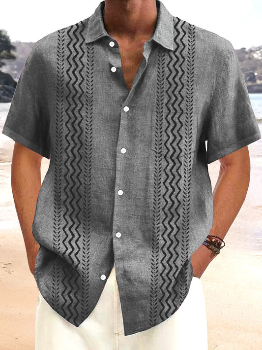 Men's Vintage Bohemian Geometric Print Short Sleeve Shirt with Button Pocket -