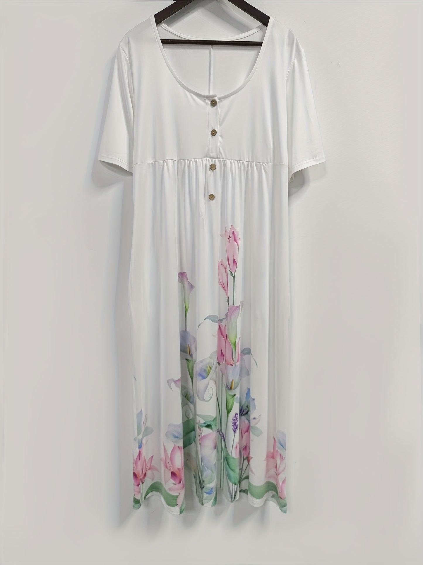 Women'S Plus Size Floral Print Tunic Dress,Vacation Style, Big-Tall Silhouette, Midi Length, Half Placket Button Detail