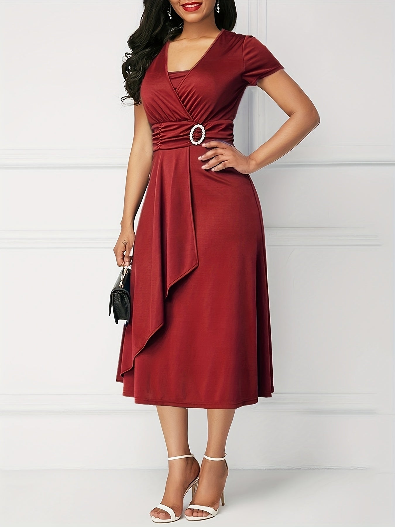 Plus Size Casual Midi Dress, Polyester V-Neck with Short