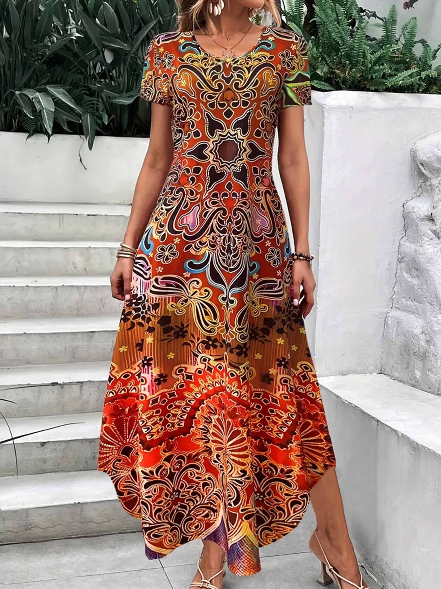 Floral Print Color Block Dress, Elegant Crew Neck Short Sleeve