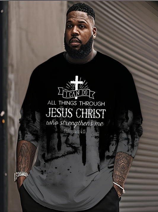 New 3D Printed Cross Print Long Sleeve T-Shirt, Round Neck and Long Sleeve
