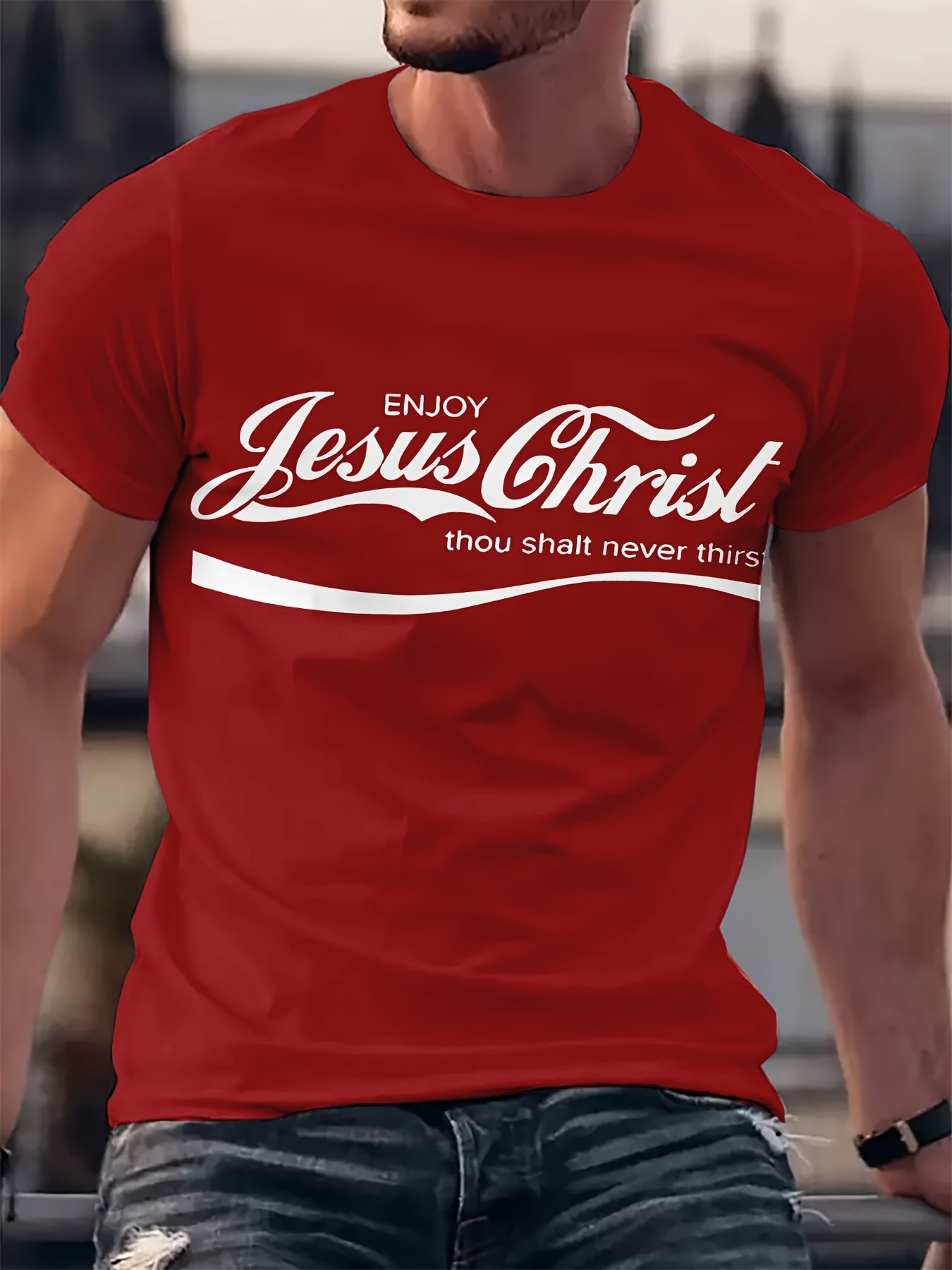 Men's Casual Crew Neck Polyester T-Shirt with Jesus Christ Graphic, Regular