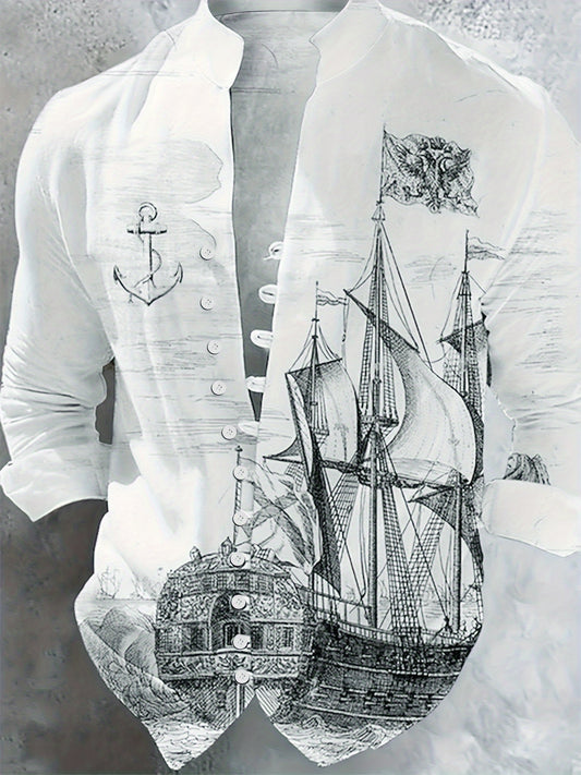 Men'S Casual Nautical Cruise Print Shirt, 100% Polyester, Loose Fit,