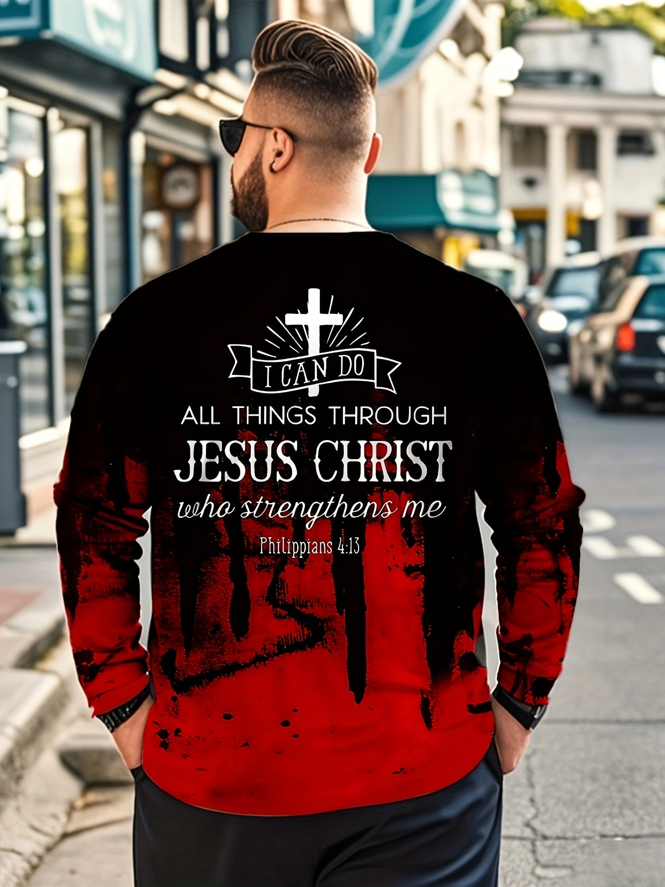 New 3D Printed Cross Print Long Sleeve T-Shirt, Round Neck and Long Sleeve