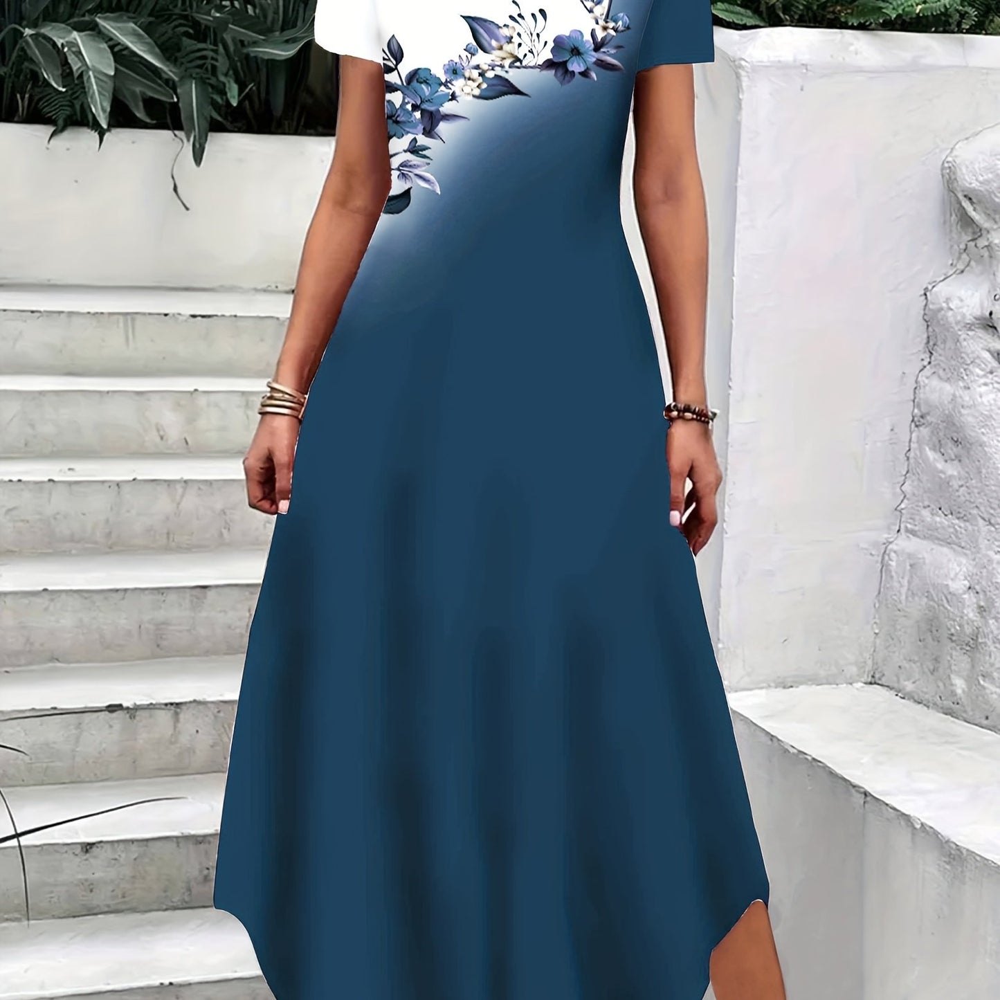 Floral Print Color Block Dress, Elegant Crew Neck Short Sleeve
