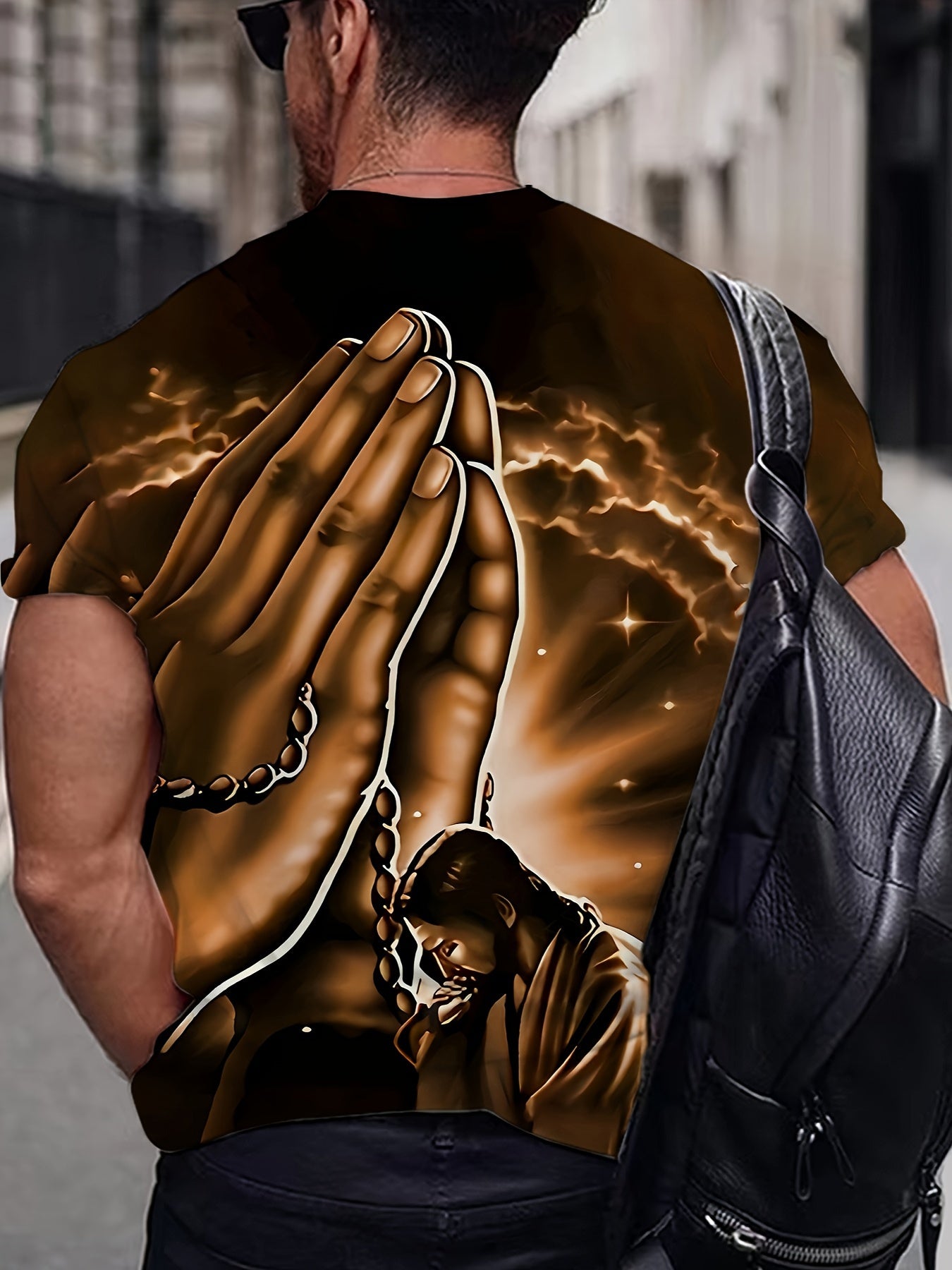 Men's Plus Size 3D Prayer Hands Graphic Tee - Casual & Party-Ready