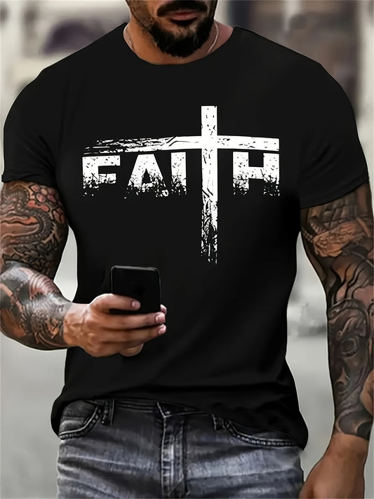 Men'S Casual Crew Neck T-Shirt with Digital Print "FAITH" Cross Design,