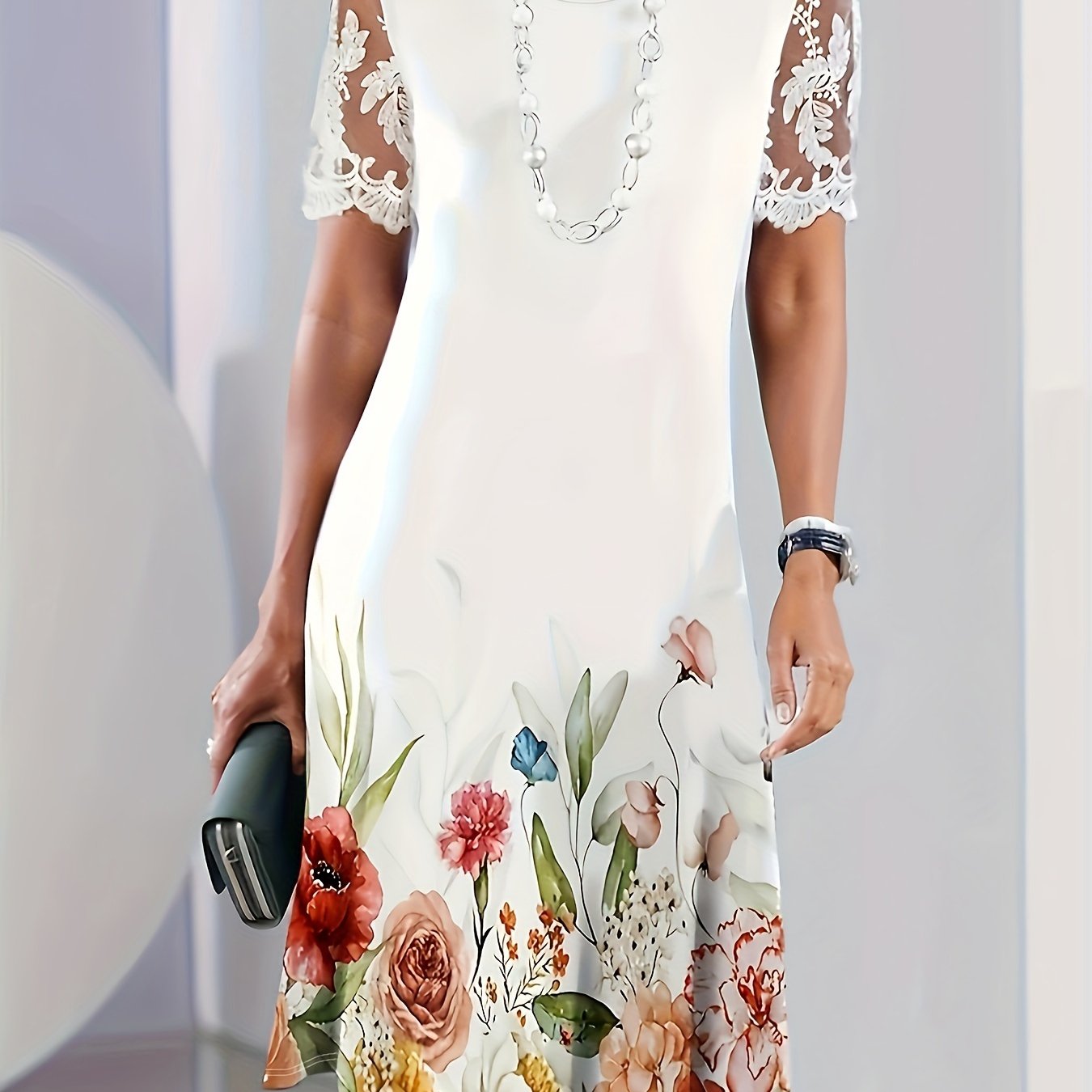 Floral Print Clashing Color Round Neck Fashion Elegant Dresses