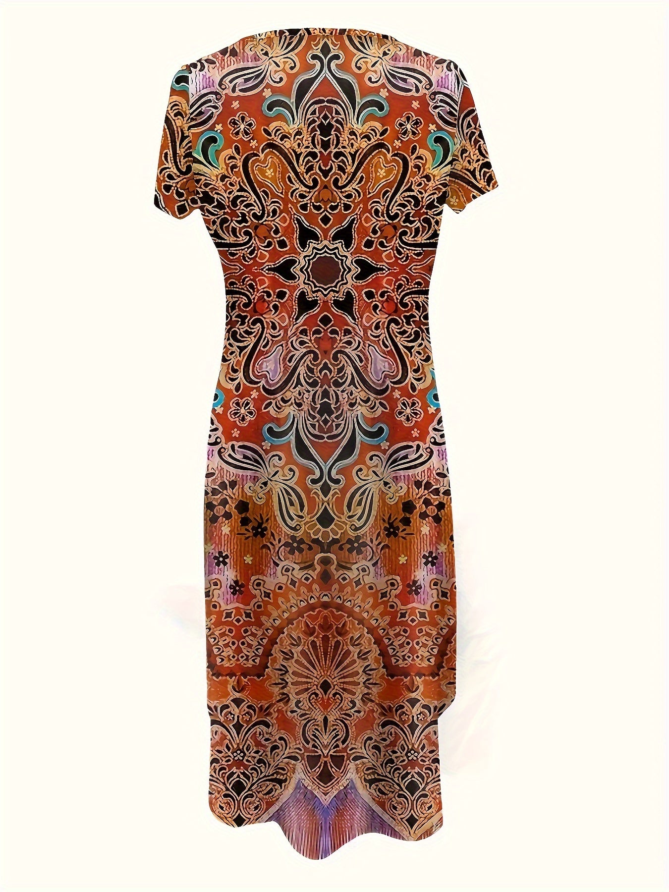 Floral Print Color Block Dress, Elegant Crew Neck Short Sleeve