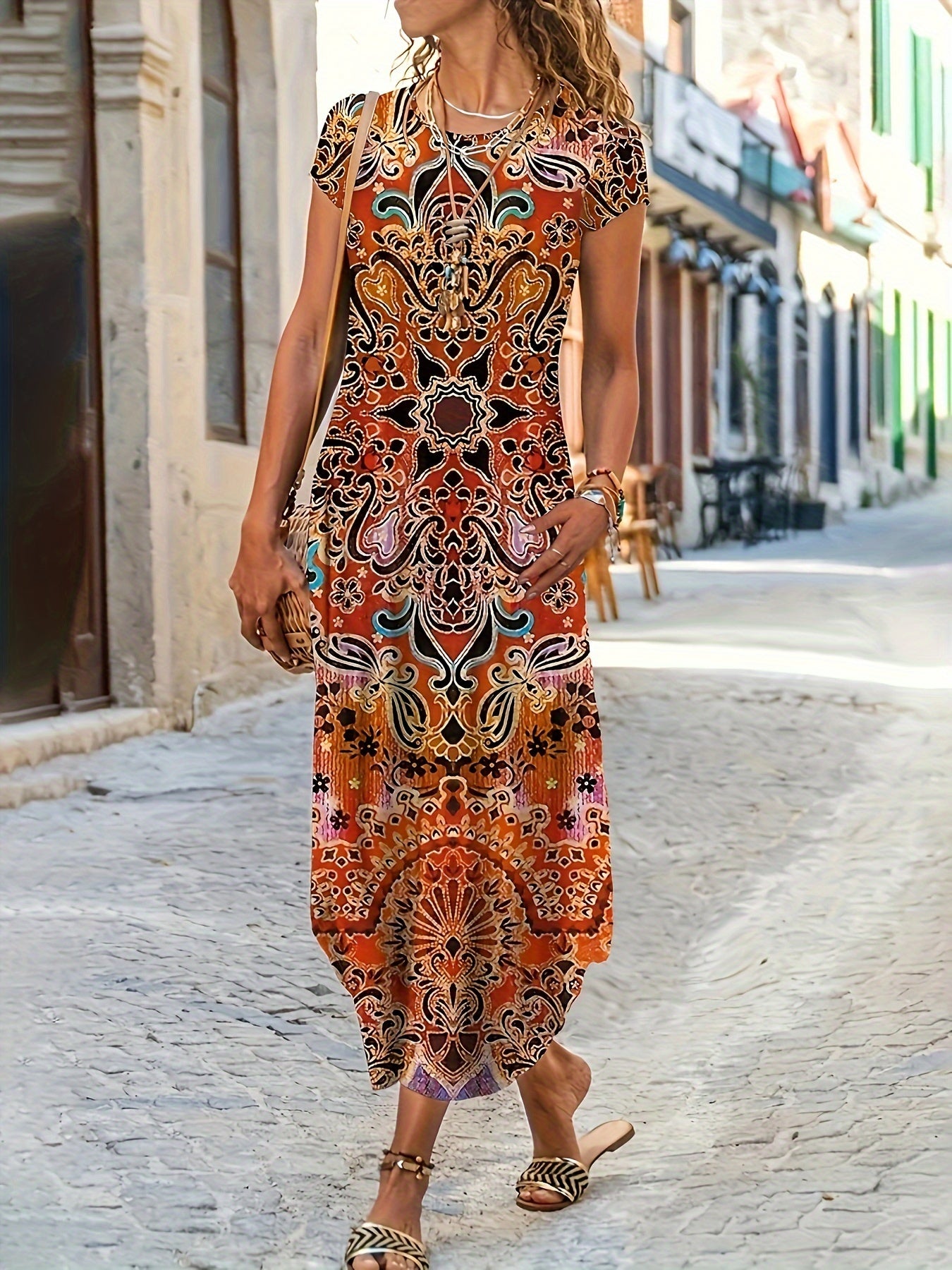 Floral Print Color Block Dress, Elegant Crew Neck Short Sleeve