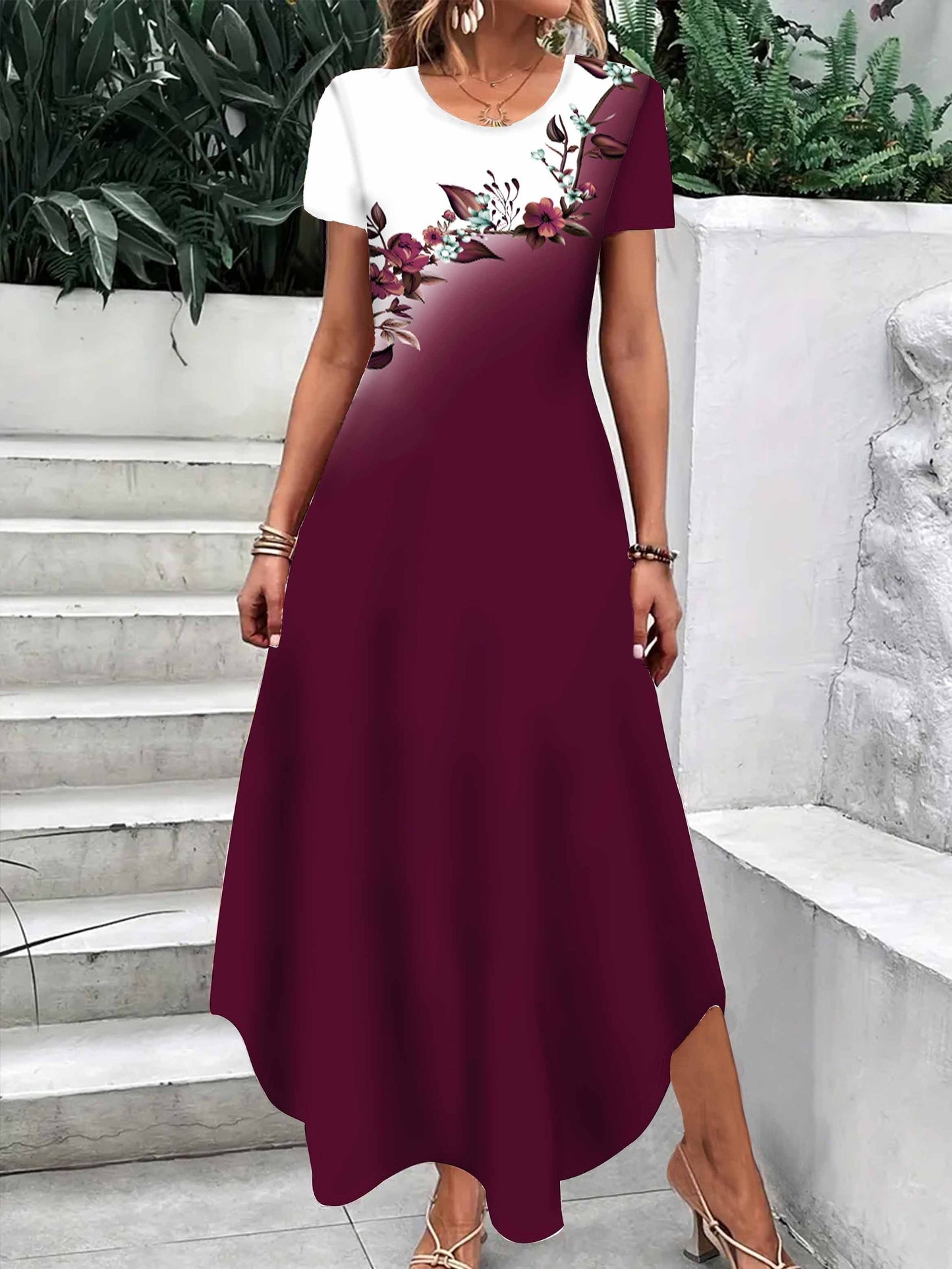 Floral Print Color Block Dress, Elegant Crew Neck Short Sleeve