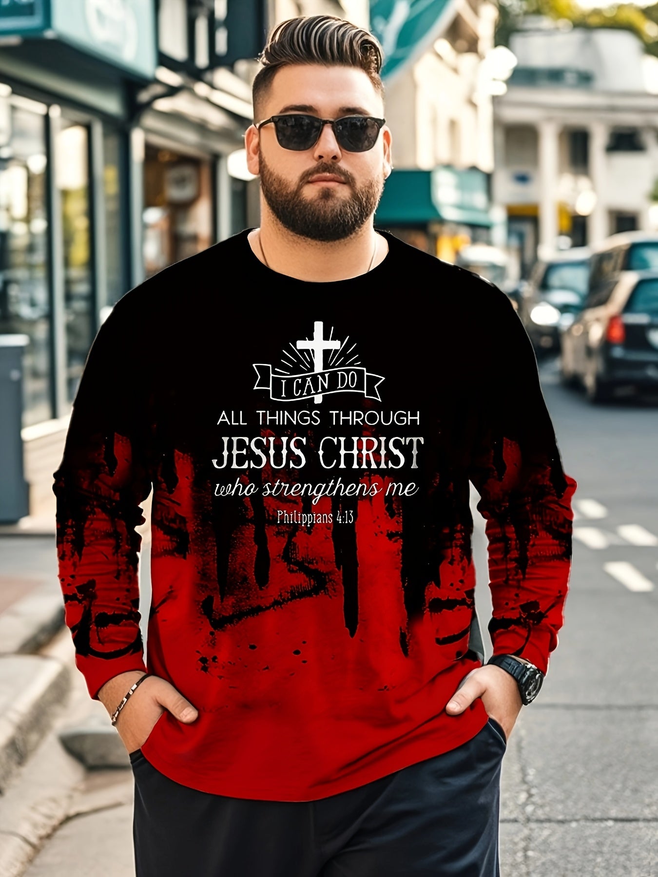 New 3D Printed Cross Print Long Sleeve T-Shirt, Round Neck and Long Sleeve