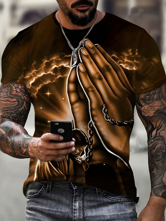 Men's Plus Size 3D Prayer Hands Graphic Tee - Casual & Party-Ready