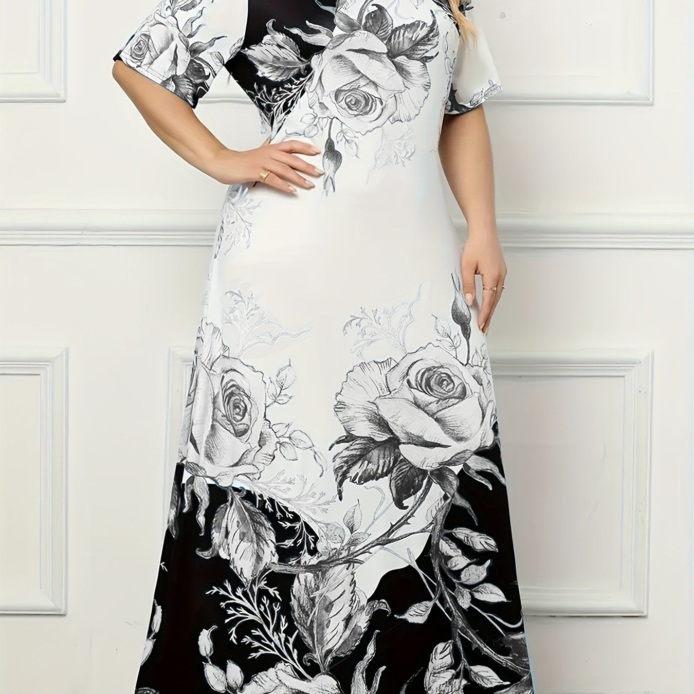 Plus Size Floral Print Dress, Elegant Short Sleeve Crew Neck Dress For Spring & Summer, Women's Plus Size Clothing