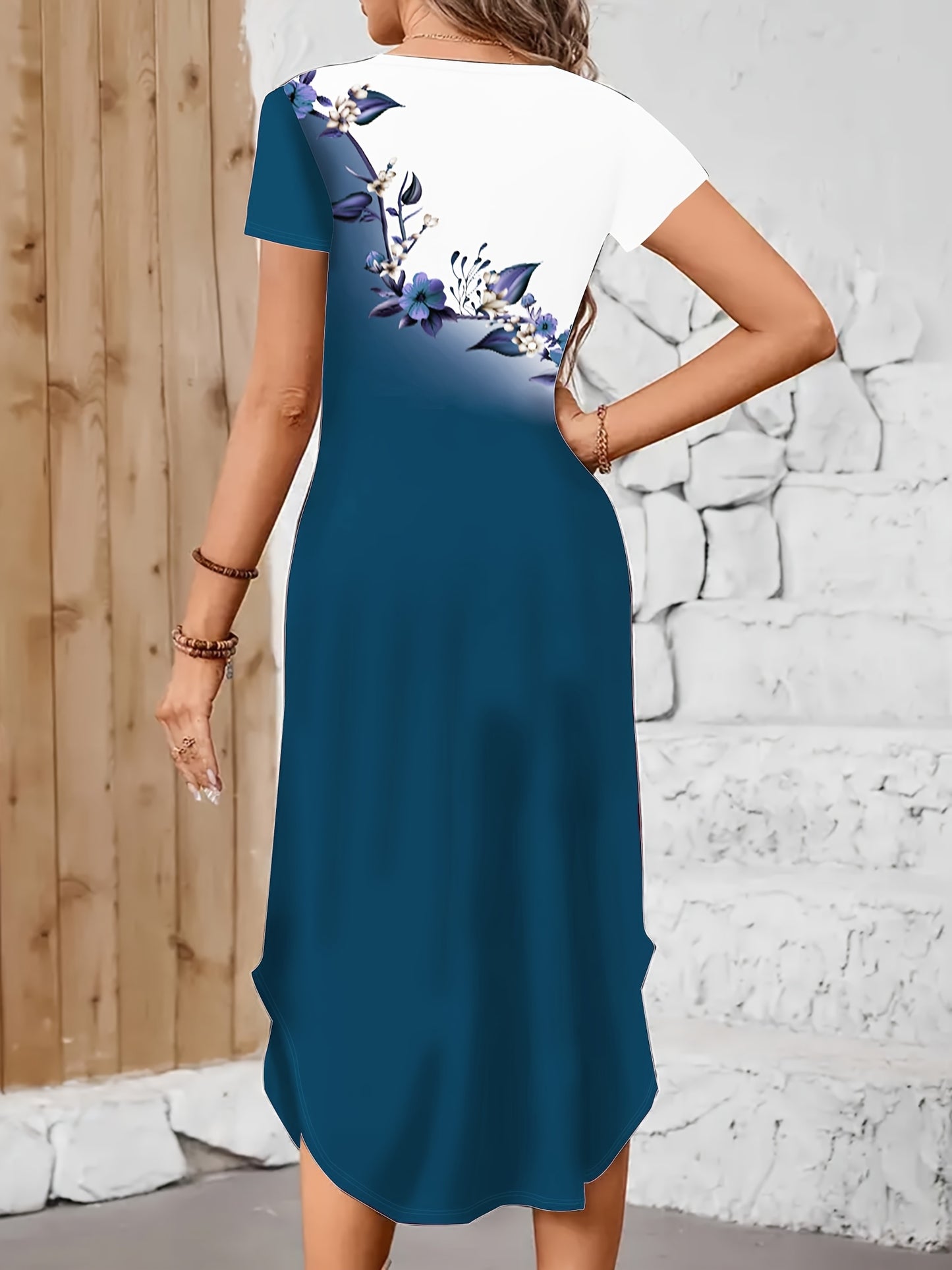 Floral Print Color Block Dress, Elegant Crew Neck Short Sleeve
