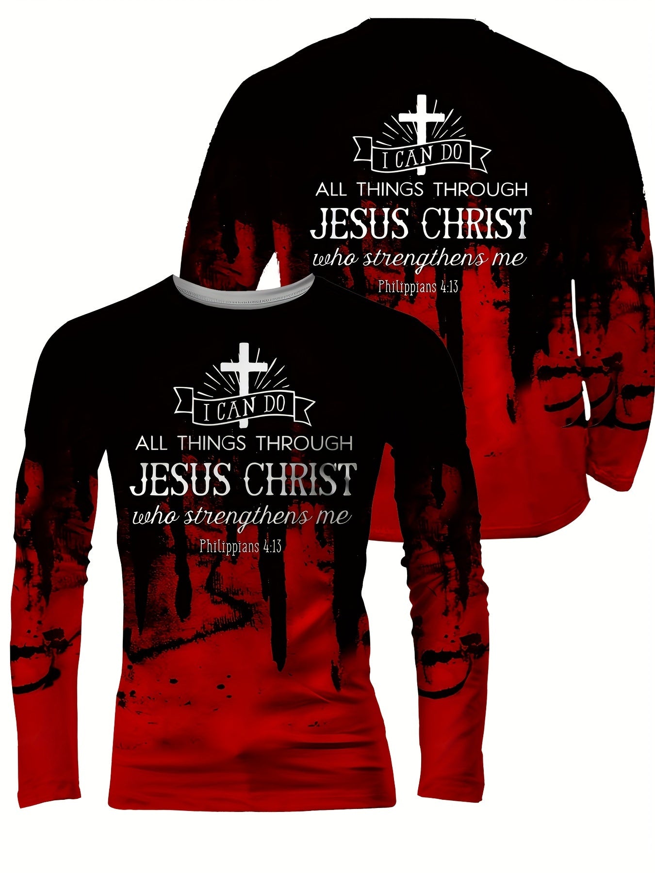 New 3D Printed Cross Print Long Sleeve T-Shirt, Round Neck and Long Sleeve