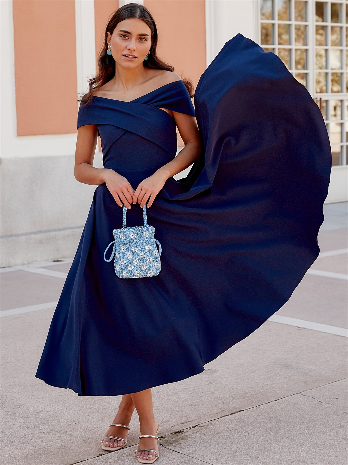 Off The Shoulder Wedding Guest Midi Dress, Party Dress,