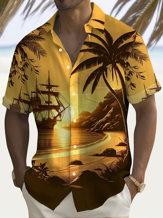 Men'S Hawaiian Sunset Sailboat 3D Digital Print Shirt, Polyester 100%,