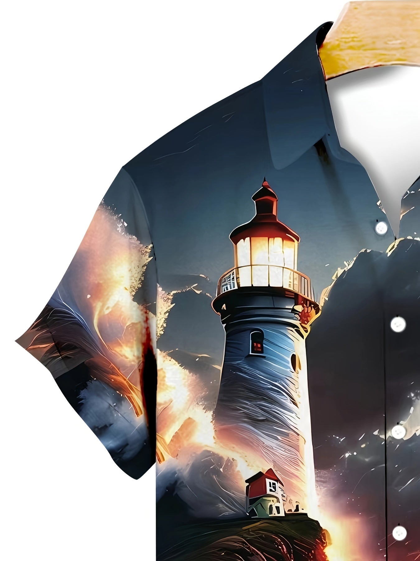 Plus Size Men's Lighthouse & Sunset Graphic Print Shirt For Summer Holiday, Hawaiian Style Short Sleeve Shirt For Big & Tall Males