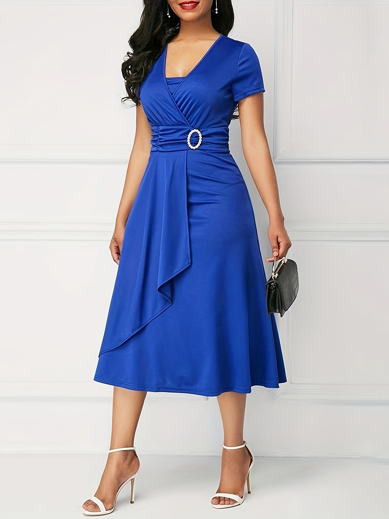 Plus Size Casual Midi Dress, Polyester V-Neck with Short