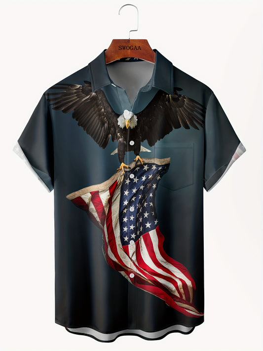 Men's 3D American Flag & Eagle Graphic Print Shirt For Summer, Hawaiian Style Short Sleeve Beach Shirt For Big & Tall Guys, Plus Size