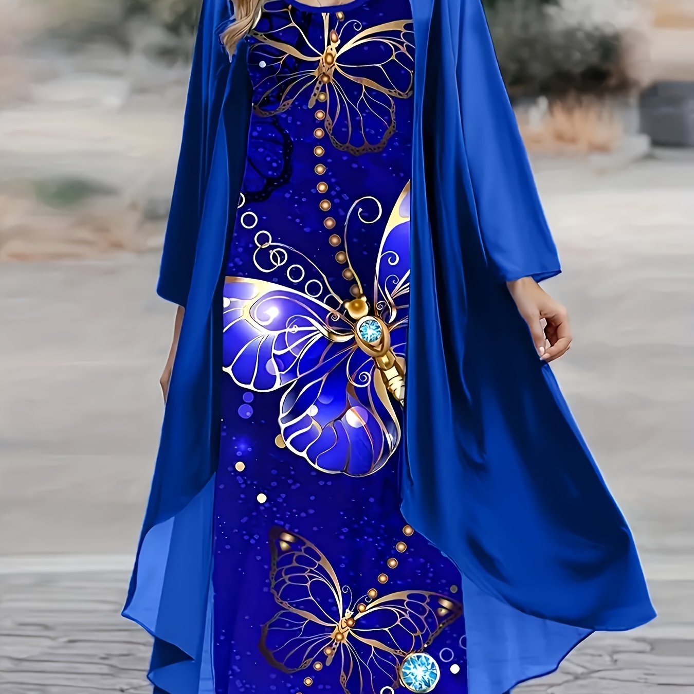Fashion Women's V-neck Dress Set, Casual Butterfly Print Dress