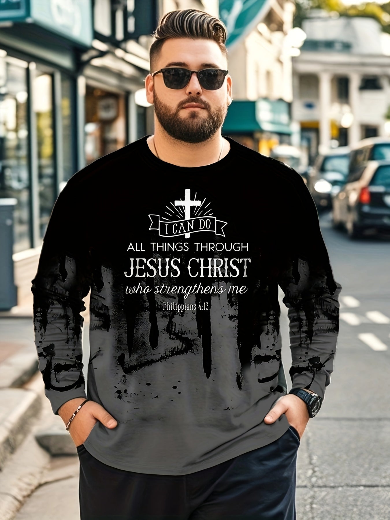 New 3D Printed Cross Print Long Sleeve T-Shirt, Round Neck and Long Sleeve