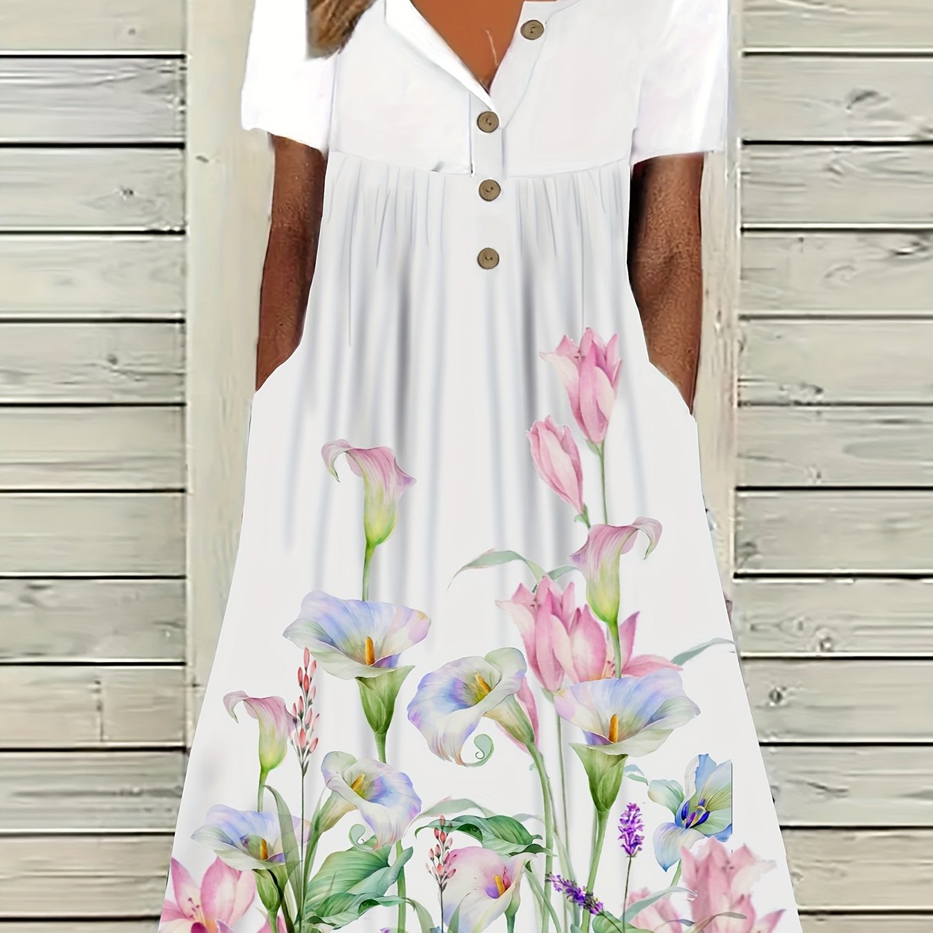 Women'S Plus Size Floral Print Tunic Dress,Vacation Style, Big-Tall Silhouette, Midi Length, Half Placket Button Detail