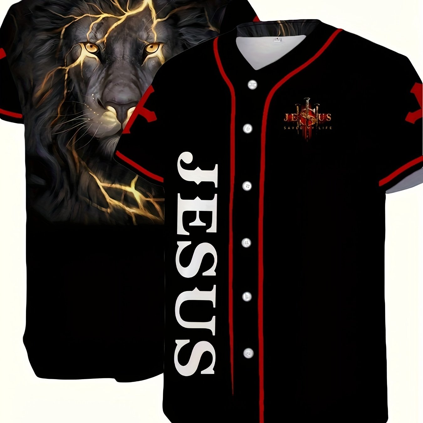 Men's Lion & Letter Print Baseball Jersey Shirt for Party/match/outdoor