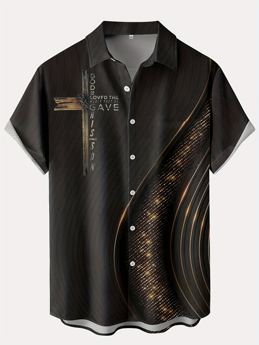 Men'S Casual Hawaiian Shirt with Artistic Print, Short Sleeve, L