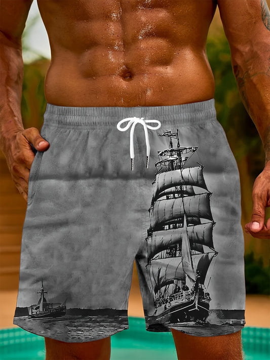 Men's Casual Beach Shorts with Vivid Digital Print of Sailing Ship -