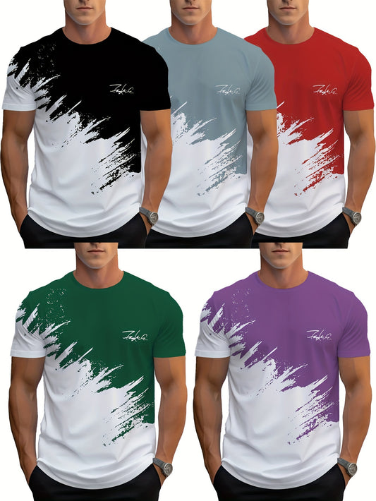 Men's Casual 5pcs Short Sleeve T-Shirts - 3D Gradient Print, Round Neck