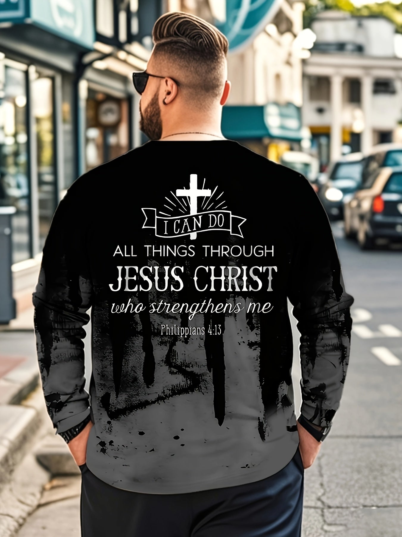 New 3D Printed Cross Print Long Sleeve T-Shirt, Round Neck and Long Sleeve