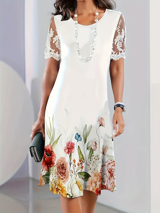 Floral Print Clashing Color Round Neck Fashion Elegant Dresses