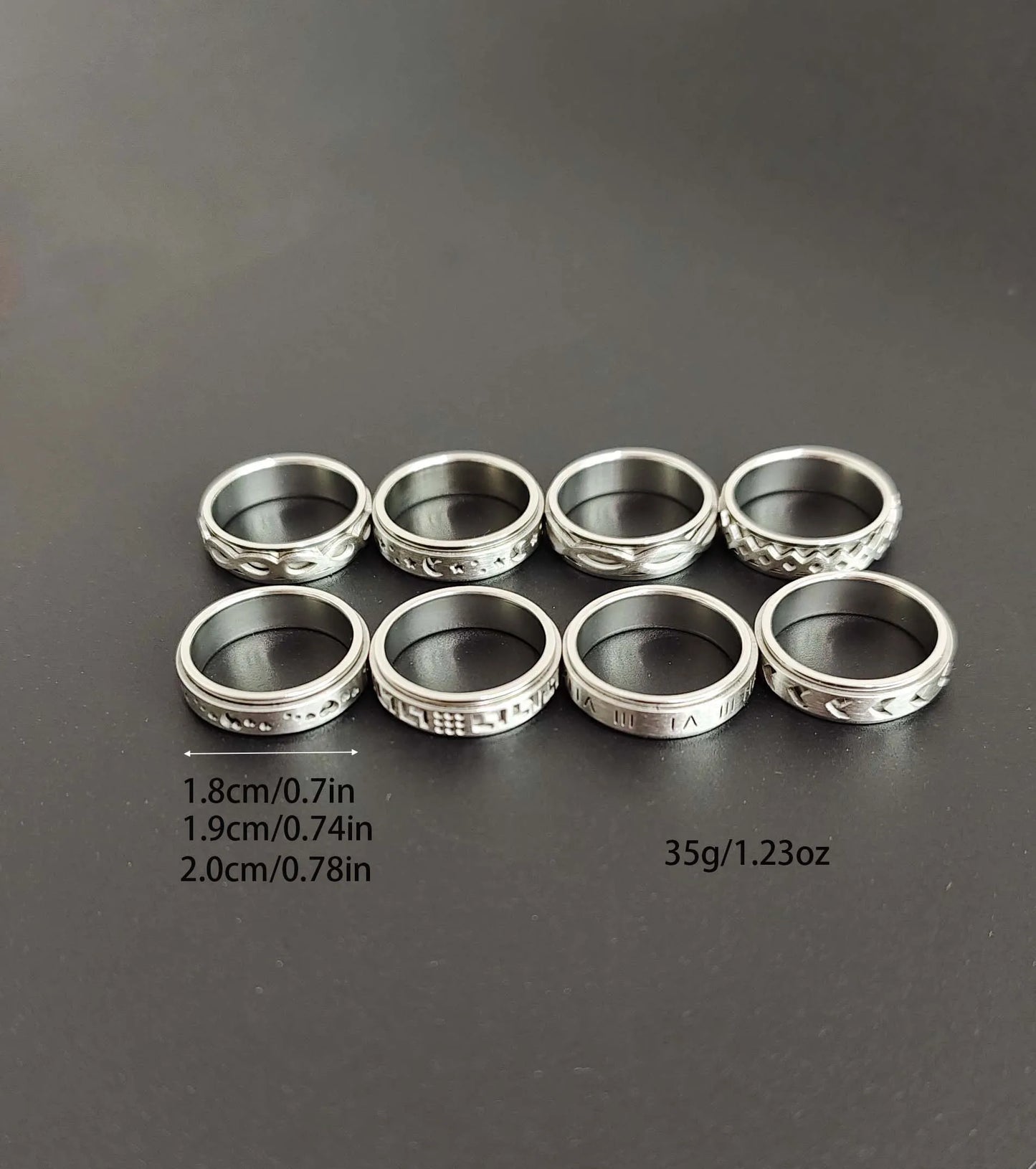 8-piece fashionable design stainless steel rotating men's decompression and anti anxiety ring set.