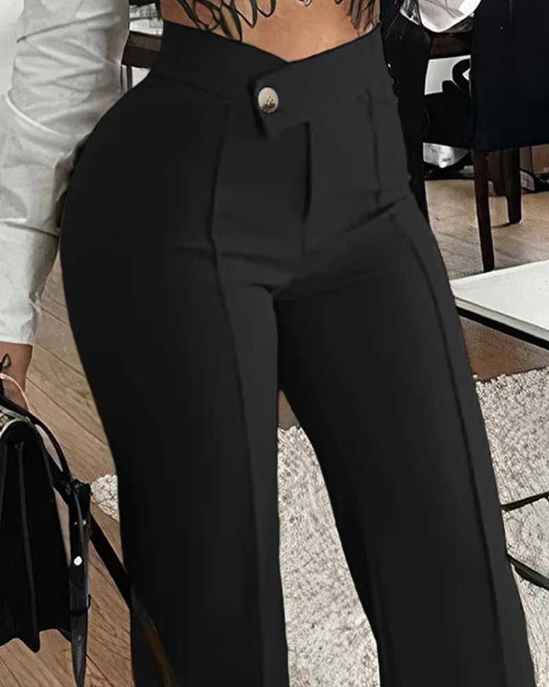 Fashion Slim Straight-leg Pants With Buckle Elegant