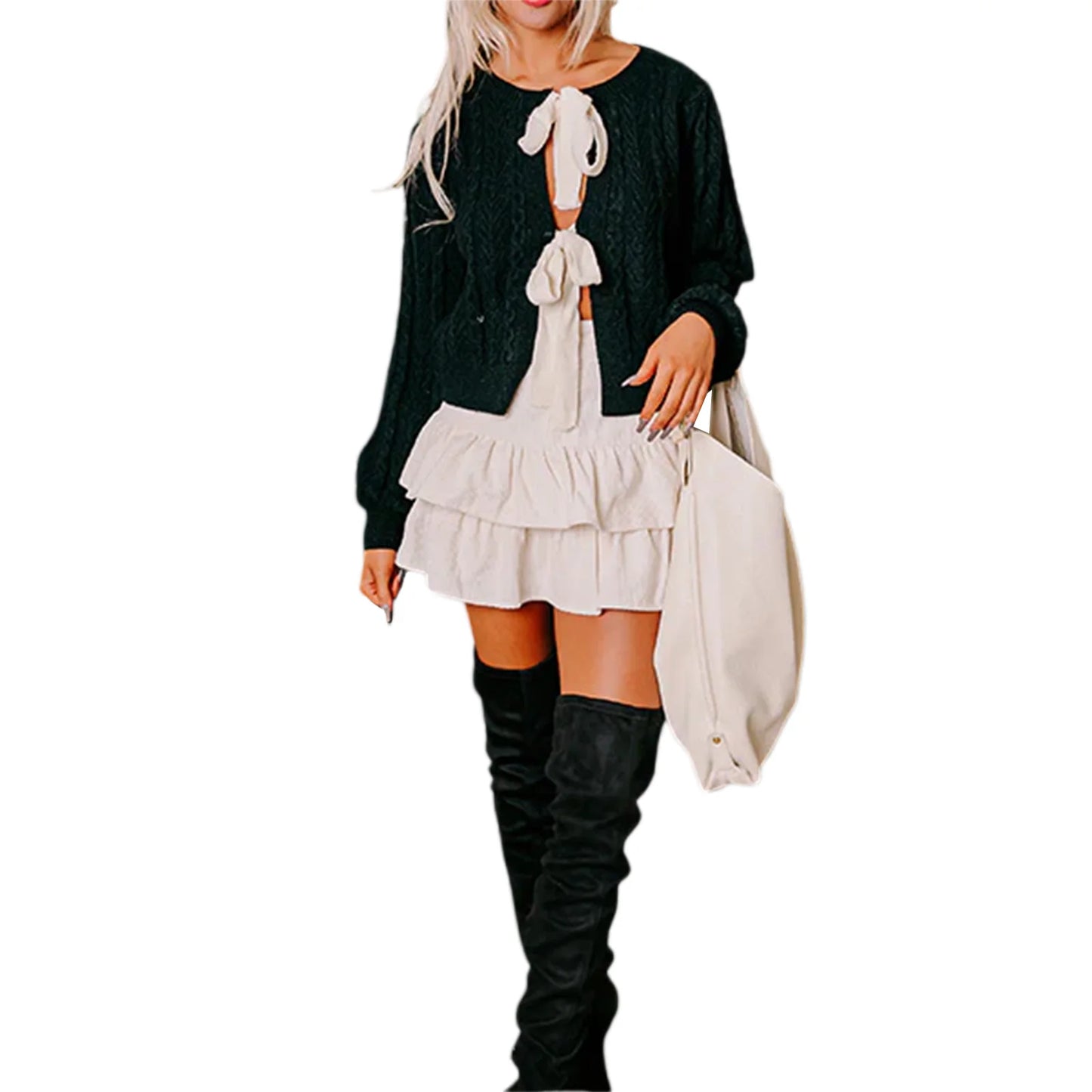 Ladies Chunky Knit Sweater with Bow Tie Closure and Ribbed Detailing Long Sleeves Crew Neckline Cable Knit Design