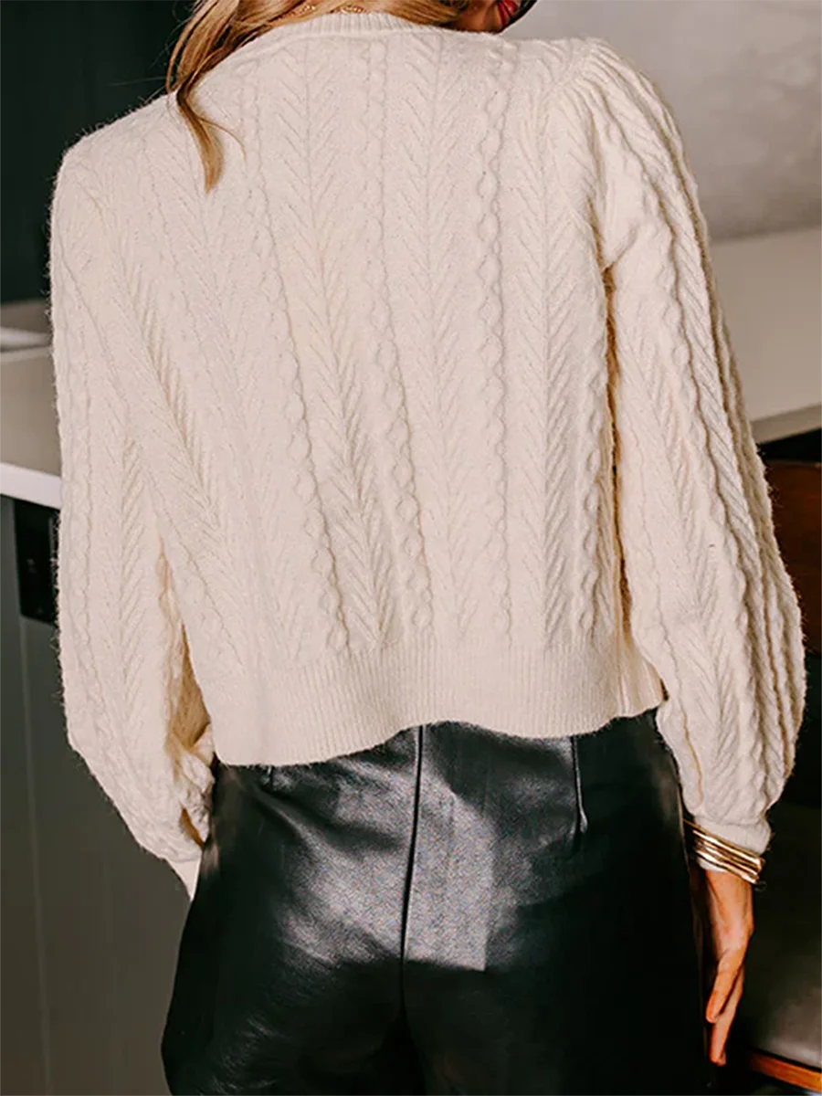 Ladies Chunky Knit Sweater with Bow Tie Closure and Ribbed Detailing Long Sleeves Crew Neckline Cable Knit Design