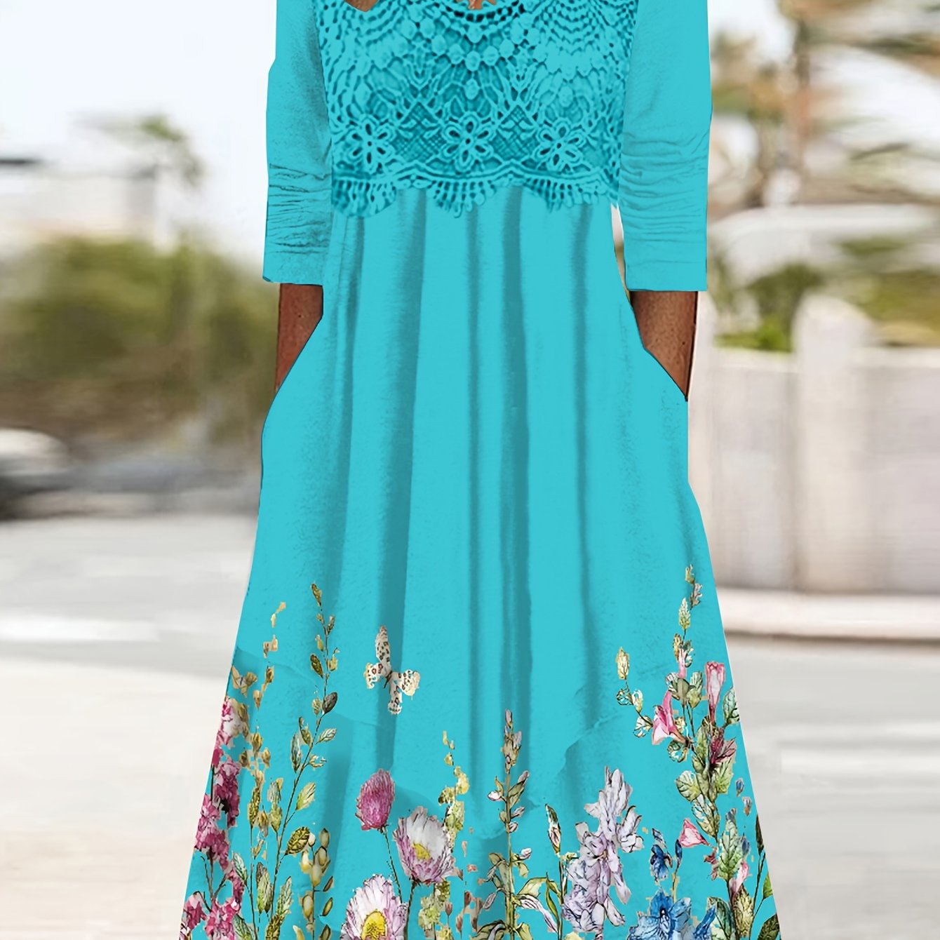 Plus Size Floral Print V Neck Dress, Casual Long Sleeve