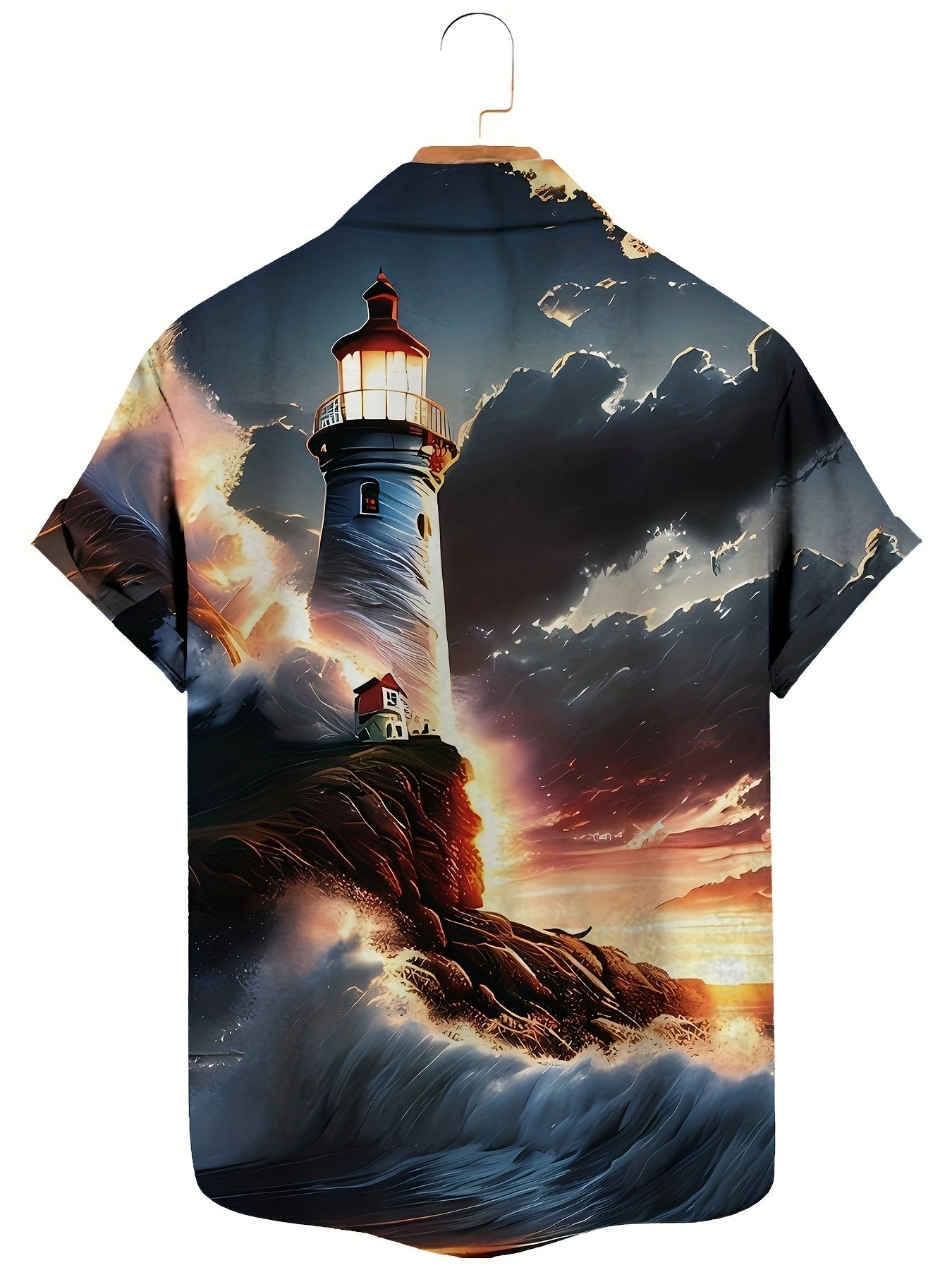 Plus Size Men's Lighthouse & Sunset Graphic Print Shirt For Summer Holiday, Hawaiian Style Short Sleeve Shirt For Big & Tall Males