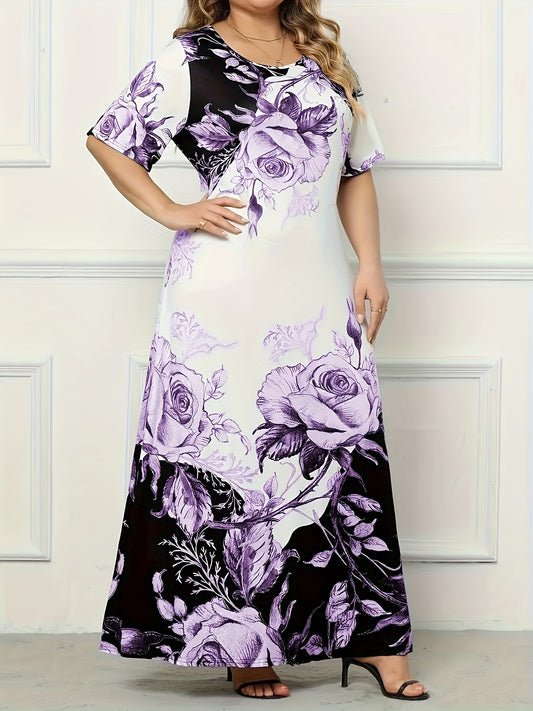 Plus Size Floral Print Dress, Elegant Short Sleeve Crew Neck Dress For Spring & Summer, Women's Plus Size Clothing